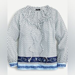 J. Crew Tie-front ruffle top in blue ribbon block print